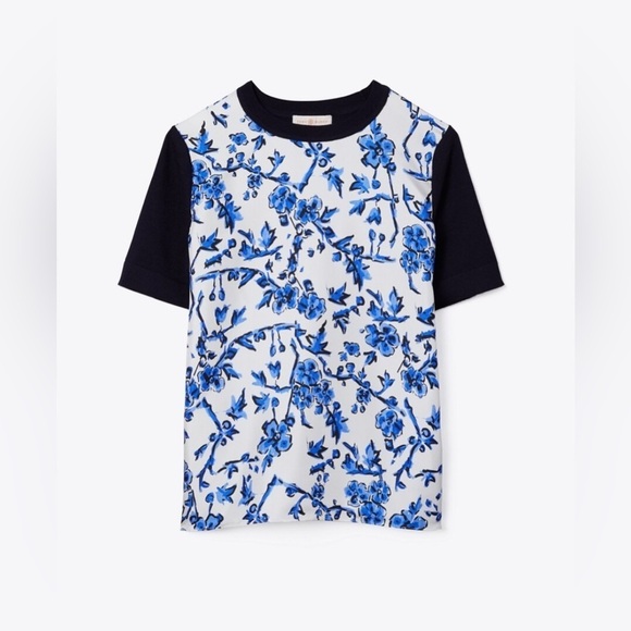 Tory Burch Women’s Branches Print Crewneck Combination Silk & Wool Top Sz XS - Picture 1 of 12